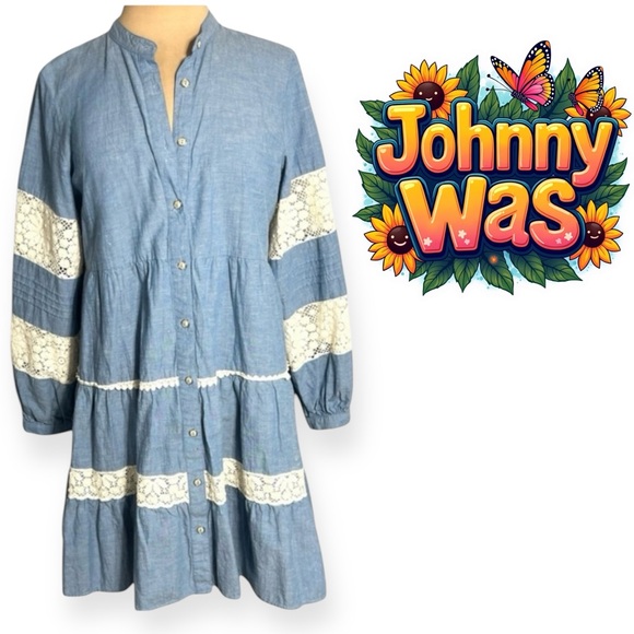 Johnny Was Jade boho blue chambray mini dress cream crochet lace size Medium - Picture 1 of 10
